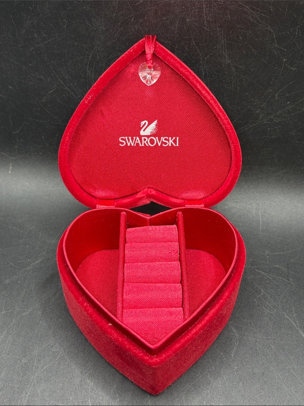 Swarovski Red Velvet Heart Shaped Crystal Accent Jewelry Box Lidded Trinket Box